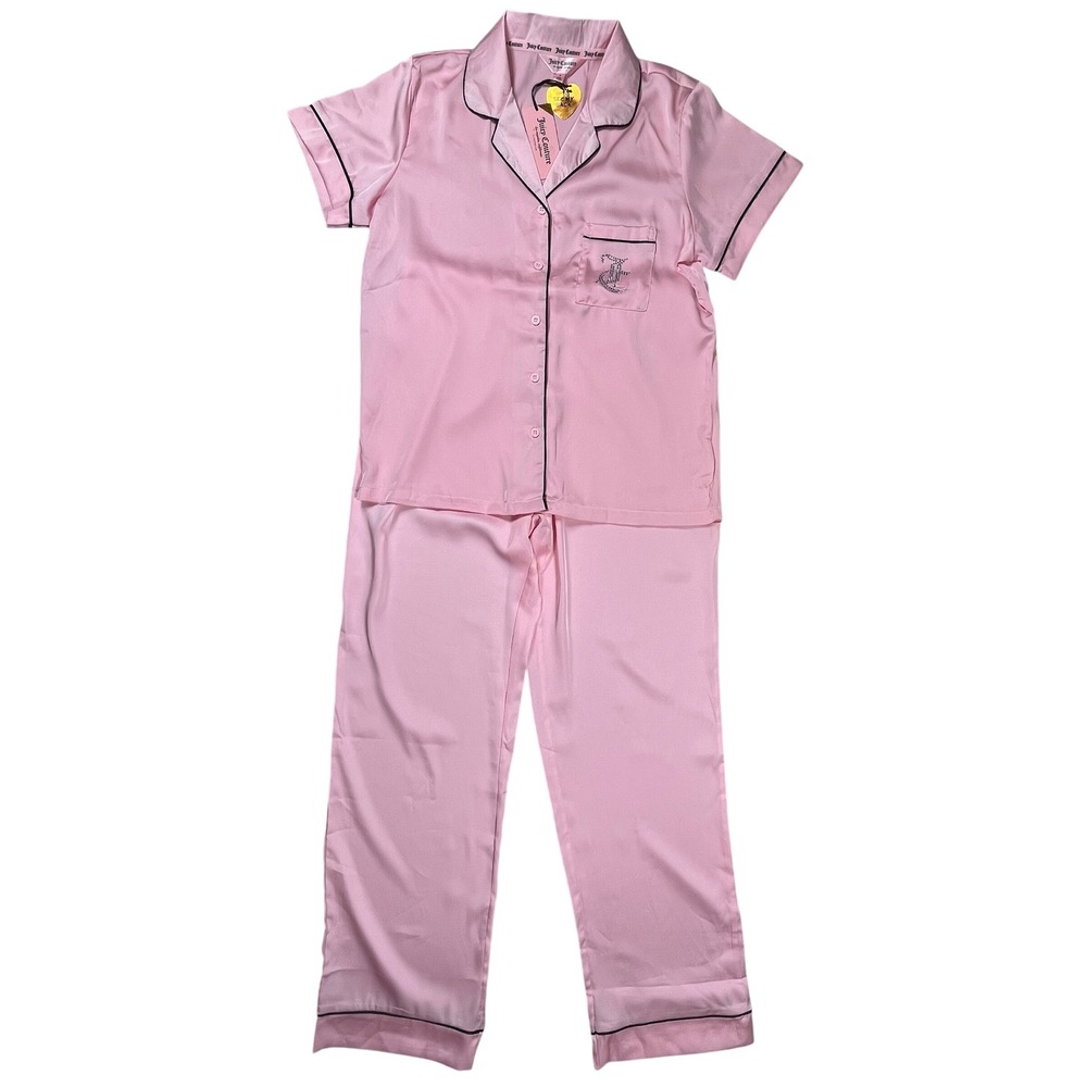 New Juicy Couture Pajama Set Womens Small Pink Satin Rhinestone Soft Girl NWT